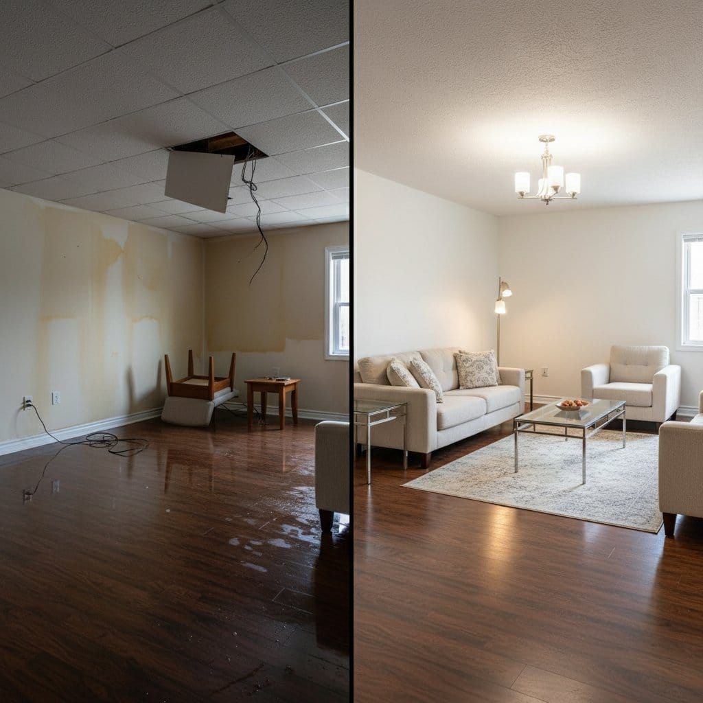 Emergency Water Removal before and after in living room, Woodcliff Lake NJ