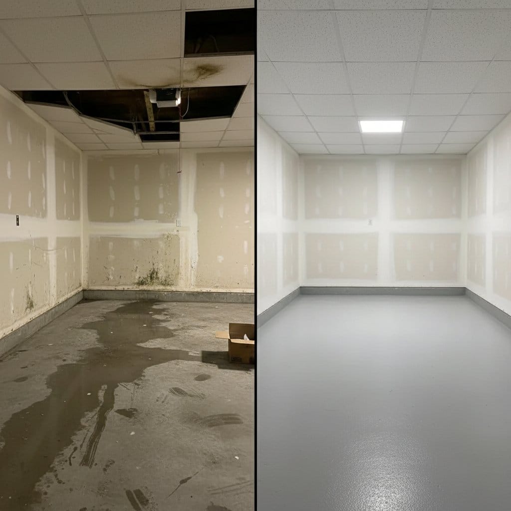 Basement Flood Cleanup before and after in garage, Woodcliff Lake NJ