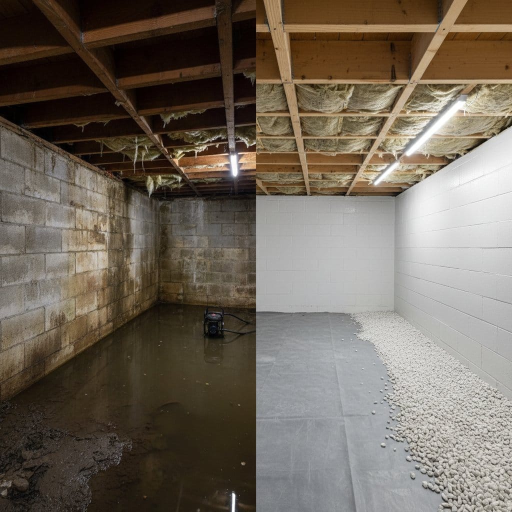 Basement Flood Cleanup restoration — crawl space of multi-family property in Woodcliff Lake, NJ