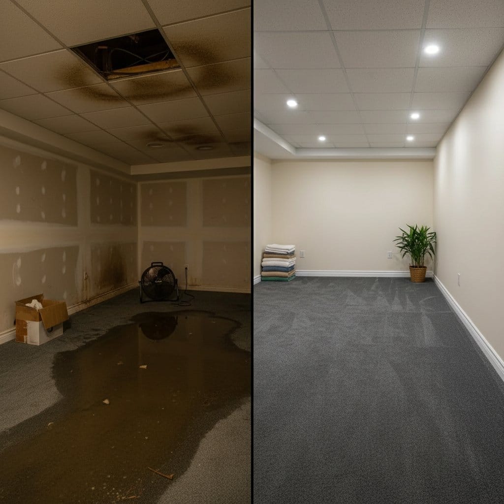 Storm & Roof Leak Water Damage before and after in finished basement, Woodcliff Lake NJ