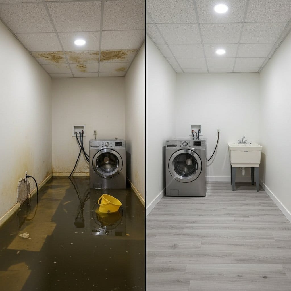 Storm & Roof Leak Water Damage restoration — utility room of split-level home in Woodcliff Lake, NJ