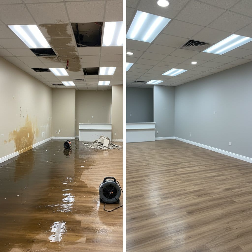 Before and after storm & roof leak water damage in Woodcliff Lake Cape Cod house storefront interior