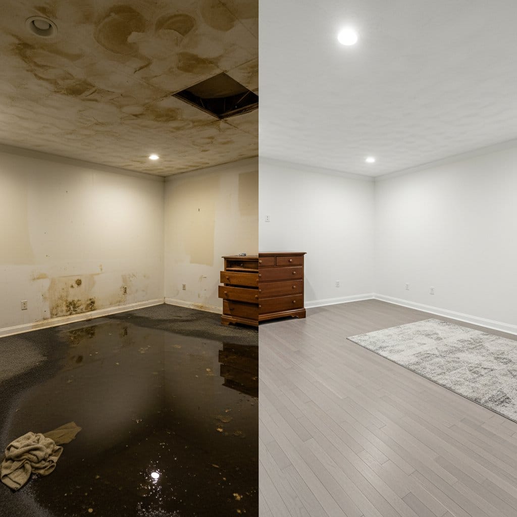 Before and after structural drying & dehumidification in Woodcliff Lake bi-level home bedroom