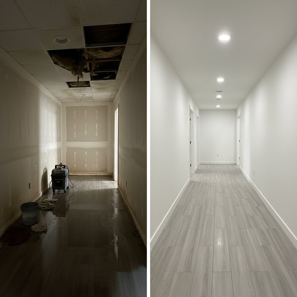 Wall & Ceiling Dry-Out before and after in hallway, Woodcliff Lake NJ