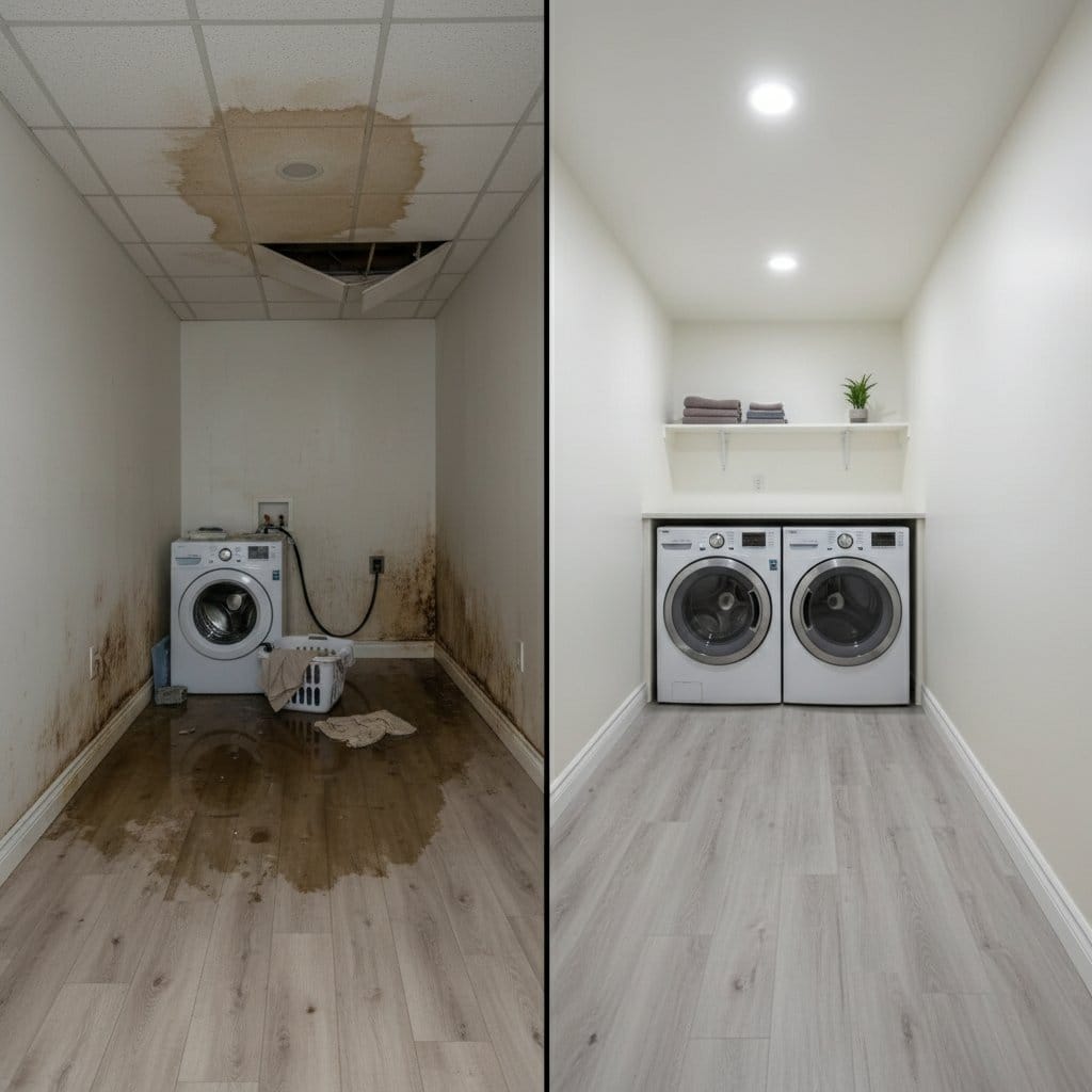 Wall & Ceiling Dry-Out restoration — laundry room of Cape Cod house in Woodcliff Lake, NJ