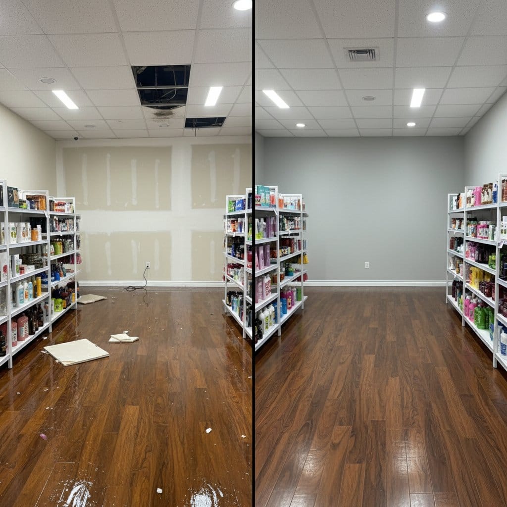 Before and after content drying & property cleanup in Woodcliff Lake townhouse storefront interior