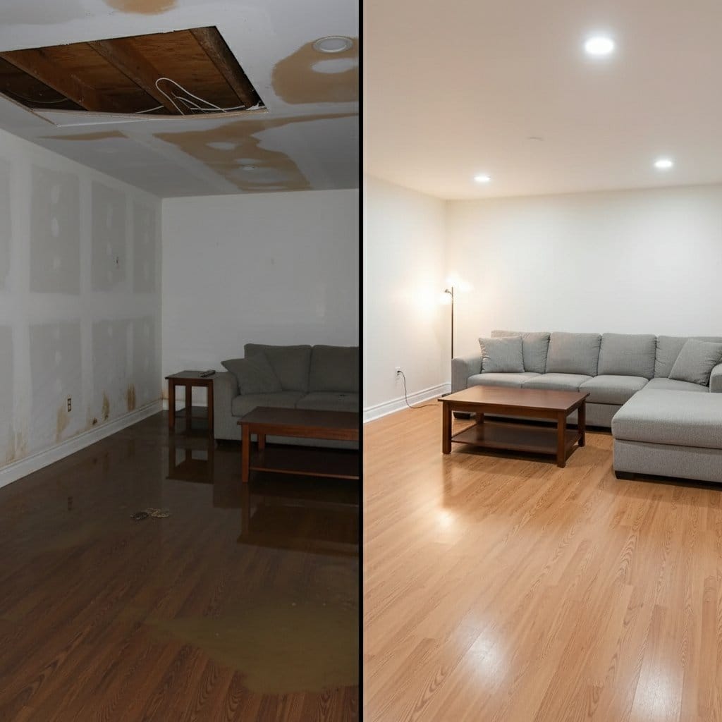 Woodcliff Lake Water Damage Restoration living room restoration before and after in Woodcliff Lake